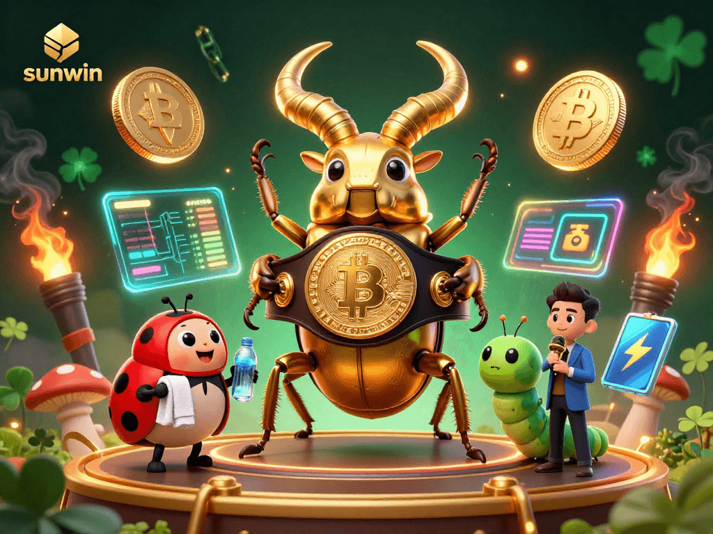 Engage with sunwin's dynamic scene featuring a boxing beetle champion amidst crypto coins and vibrant gaming elements.
