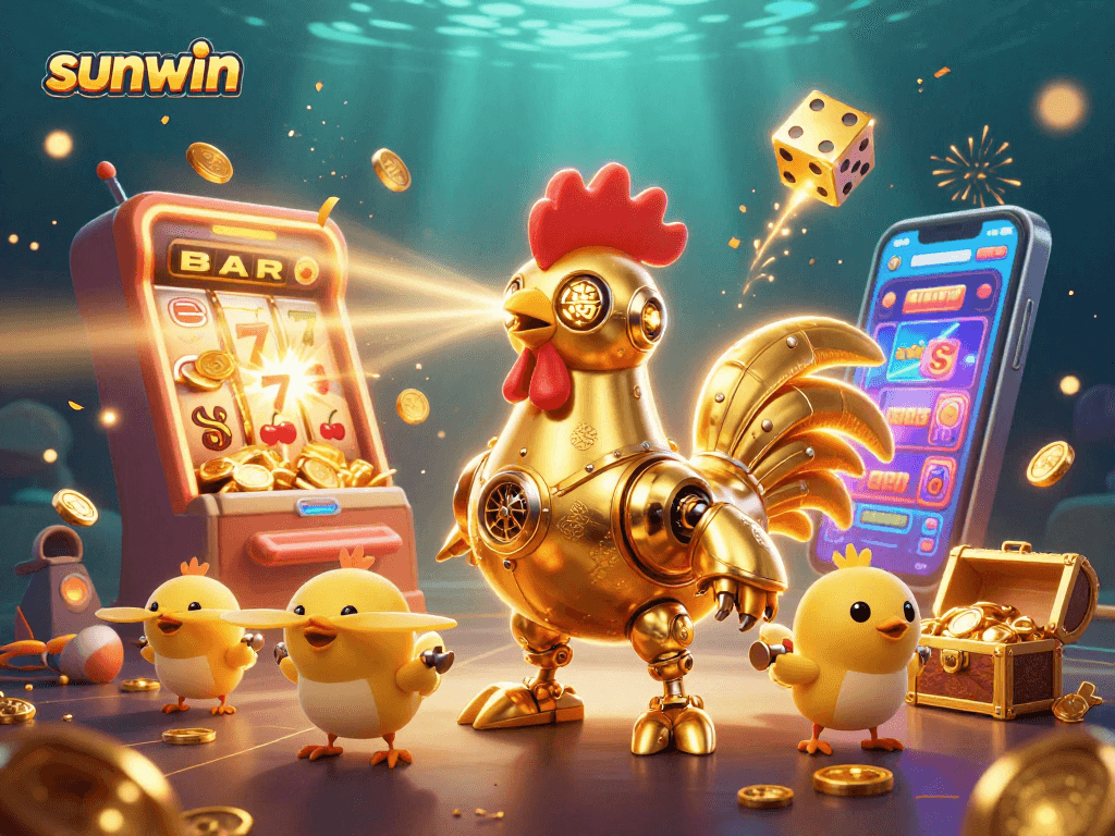 Experience the excitement of sunwin as a golden rooster robot unleashes jackpots and gaming fun!