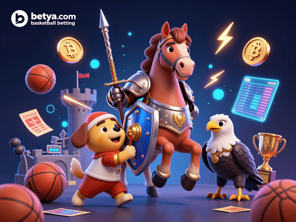 Experience betya.com basketball betting in this vibrant 3D illustration featuring a knight, squire puppy, and falcon.