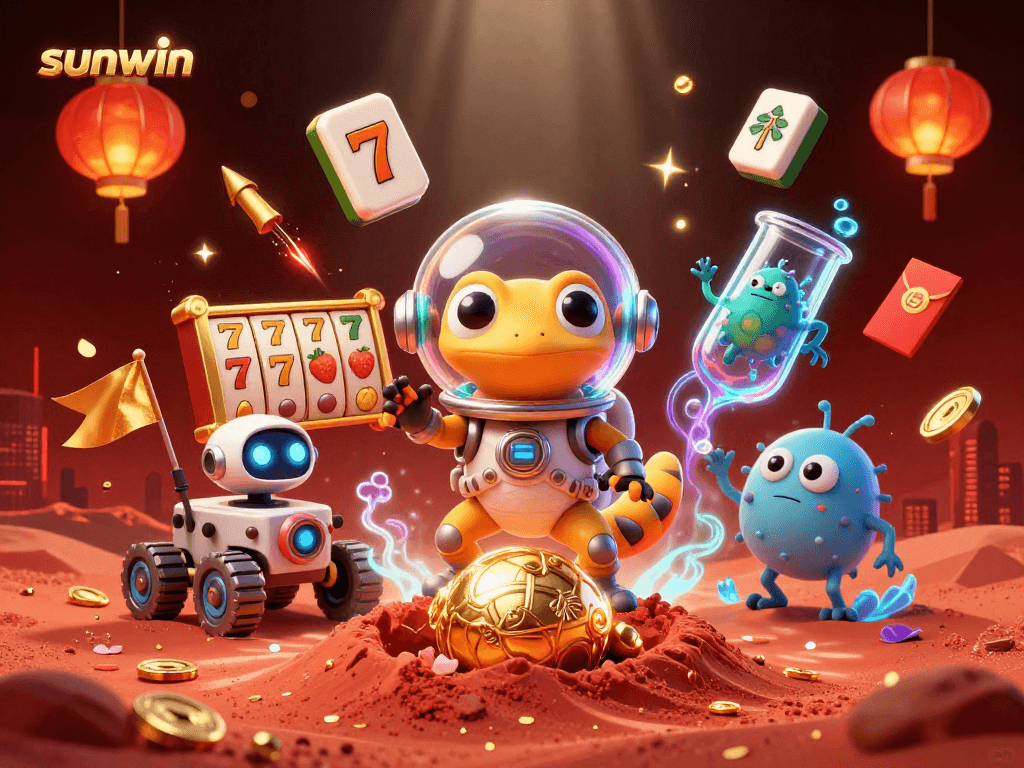 Experience the thrilling sunwin adventure with a Martian gecko exploring a golden casino on Mars, as vibrant elements surround them.
