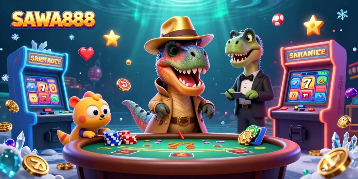 Experience SAWA888 with a vibrant casino scene featuring a velociraptor card counter, stegosaurus pit boss, and a compy pickpocket amidst dynamic slot elements.