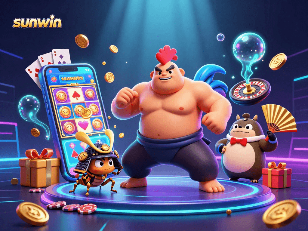 Engage in thrilling gaming with sunwin's vibrant 3D casino action featuring a sumo rooster and dynamic elements.