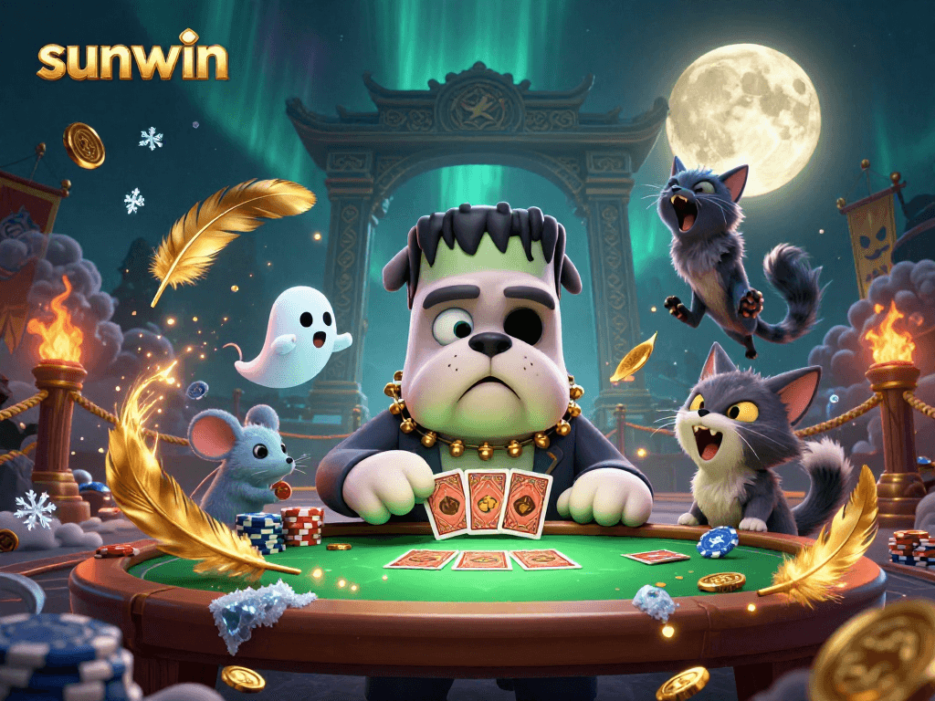 Engage with sunwin's thrilling games featuring a quirky scene of a bulldog monster dealing cards.