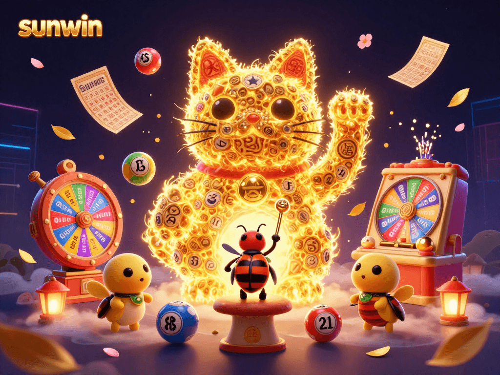 Experience the luck of sunwin as golden fireflies form a magical cat, amidst vibrant casino elements.