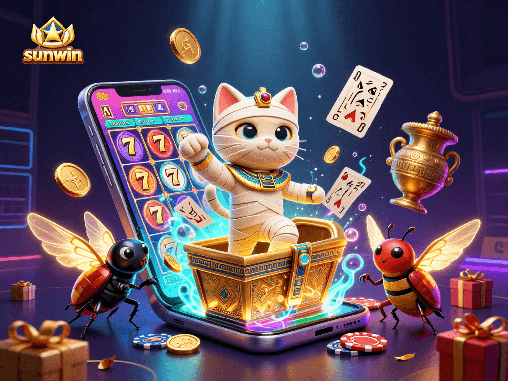 Experience the thrill of sunwin with its vibrant Mummy Cat casino scene, featuring glowing treasures and exciting games.