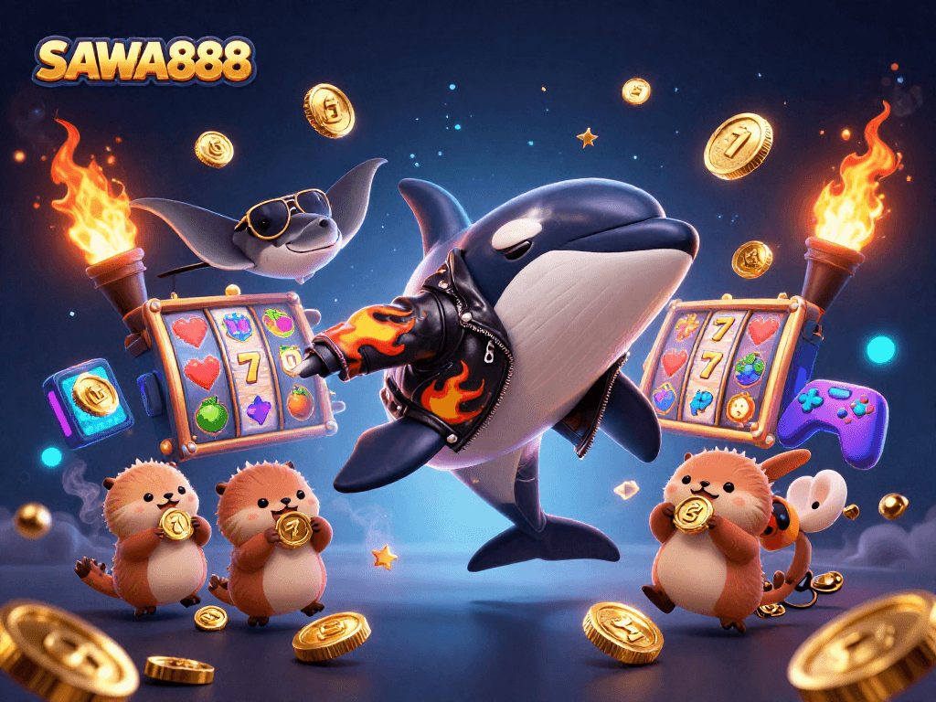 SAWA888 online slots showcase an orca whale, stingray, and sea otters in a lively casino setting.