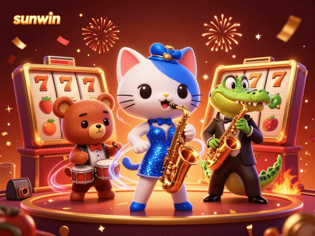 Enjoy thrilling wins with sunwin as the jazz singer cat entertains on stage surrounded by vibrant casino elements.