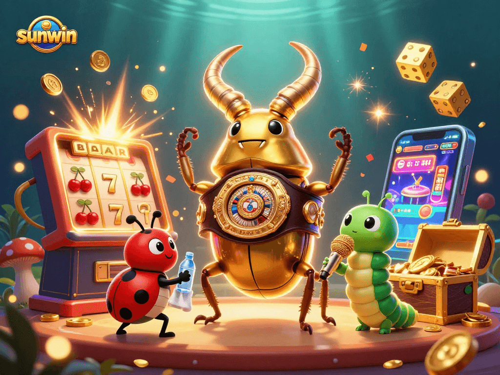 Experience the excitement of sunwin casino with a dynamic 3D scene featuring vibrant characters, slot machines, and dazzling prizes.