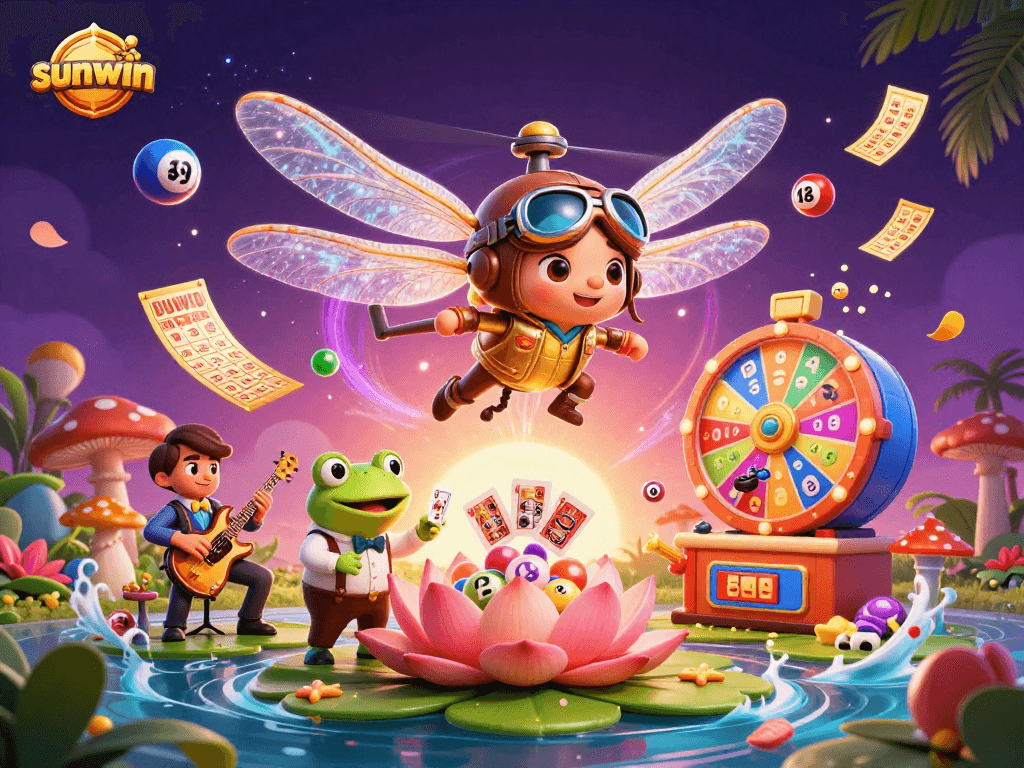 Play to win with sunwin at an exciting lily pad casino featuring animated characters.