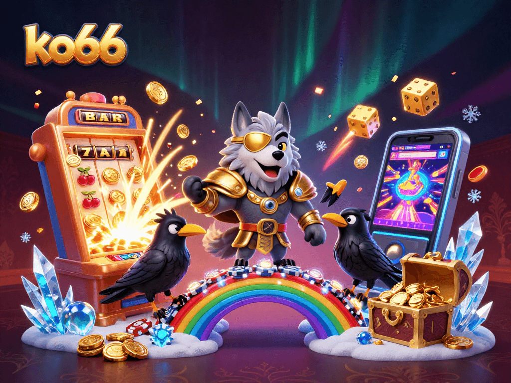 Experience thrilling wins at ko66 with a vibrant 3D casino illustration featuring jackpot excitement.