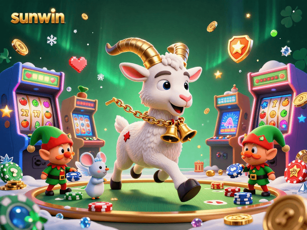 Engage at the sunwin casino featuring festive chaos with characters and vibrant gaming elements.