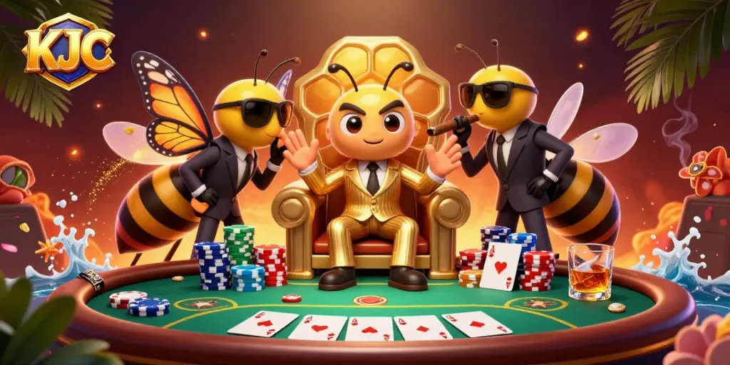 KJC casino scene featuring a bumblebee mob boss and poker elements, emphasizing dynamic gaming action