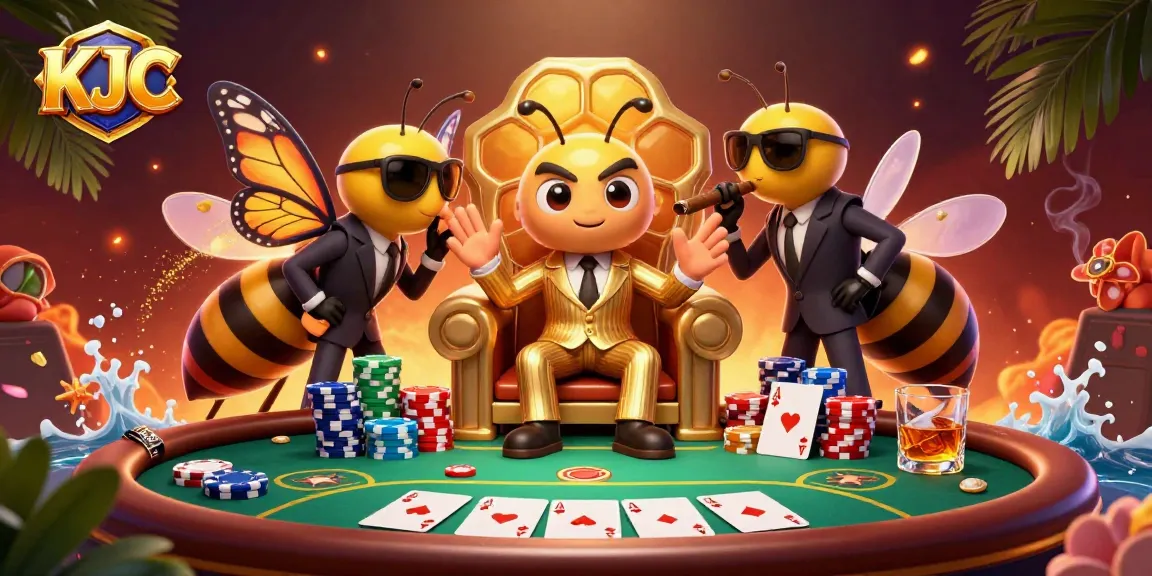 KJC casino scene featuring a bumblebee mob boss and poker elements, emphasizing dynamic gaming action