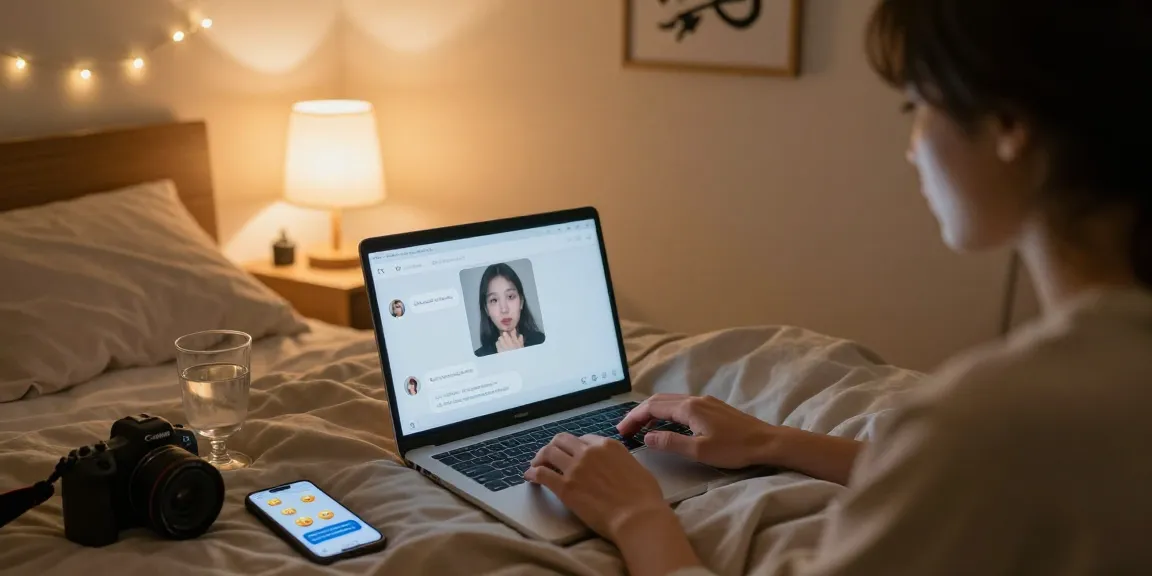 Engaging in sex chat AI on a cozy bed with warm lighting and romantic decor.