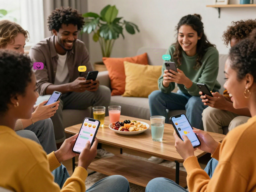 Engaging spicy chat among friends in a lively living room setting, showcasing fun online dating interactions.