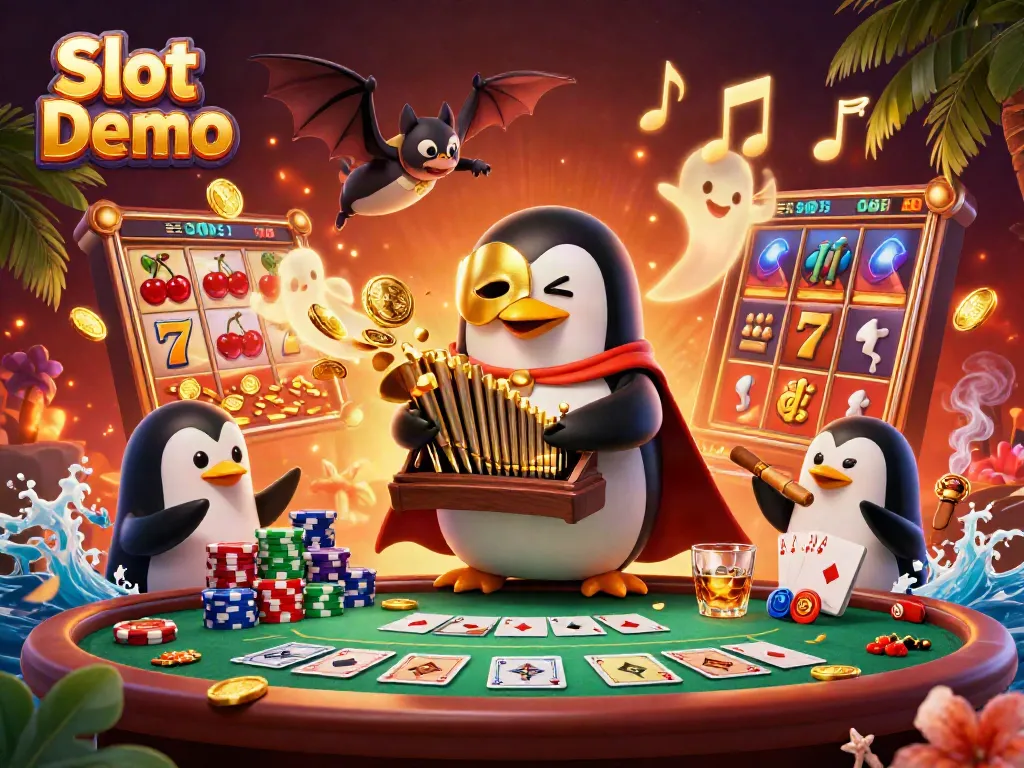 Experience thrilling Slot Demo gameplay with a cartoon penguin and casino elements in this vibrant scene.