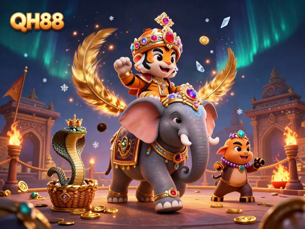 Experience thrilling gaming at QH88 with a vibrant scene of a maharaja and jewel elephant.