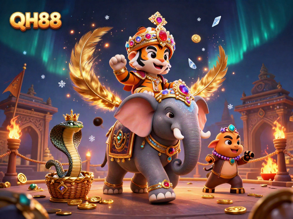 Experience thrilling gaming at QH88 with a vibrant scene of a maharaja and jewel elephant.