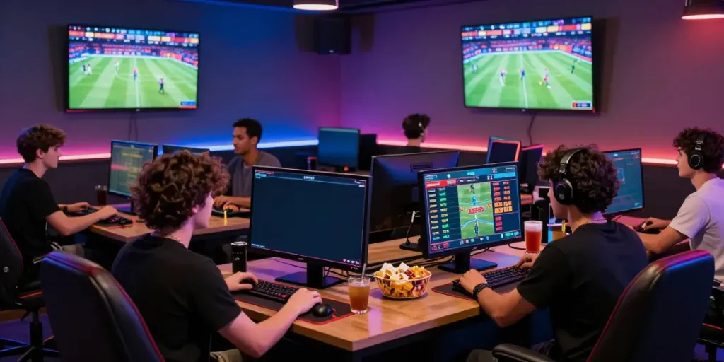 Engaged players at http://sin88-onl.com/ enjoying a dynamic online gaming experience in a vibrant lounge.
