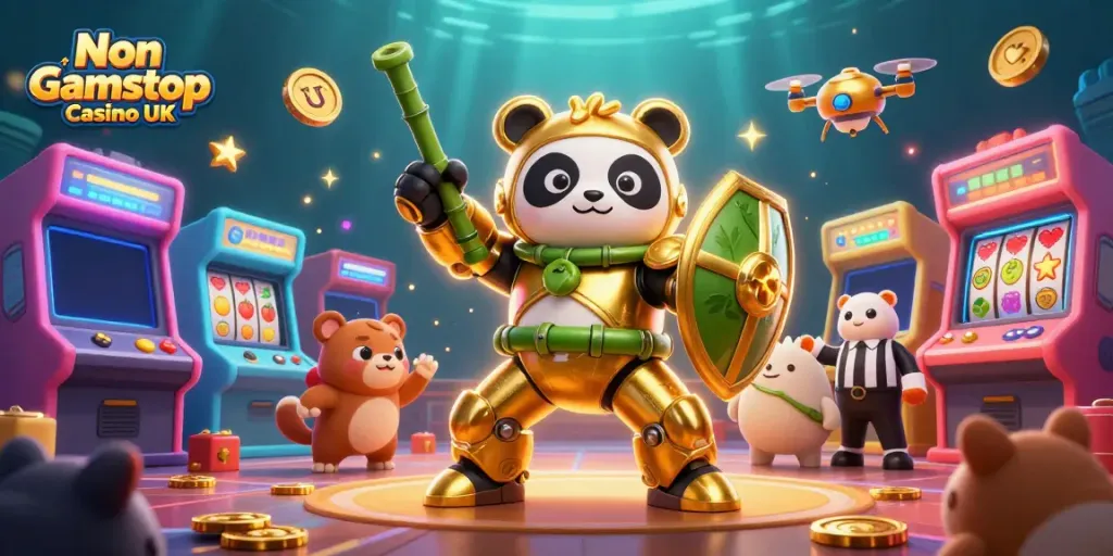 Engaging scene at a Non Gamstop Casino UK featuring a golden panda in a bamboo robot amidst vibrant arcade games and cheering spectators.
