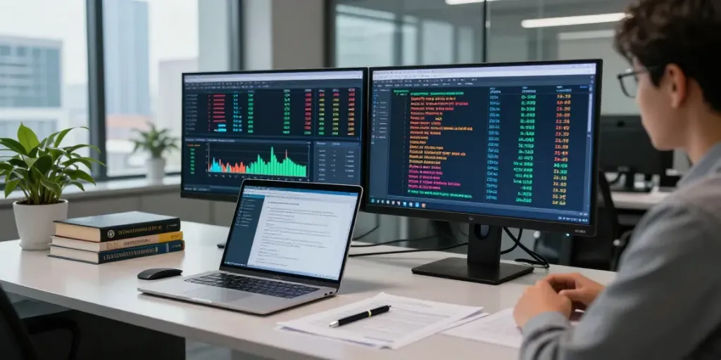 Blockchain investigation expert analyzing transaction data in a modern office setting, emphasizing the importance of digital forensics.