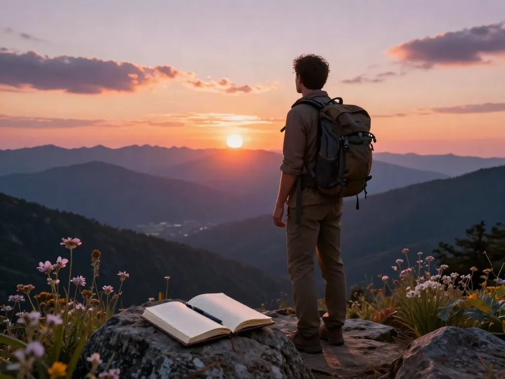 Traveler at sunset overlooking mountains, capturing memories in a journal, highlighting the theme of visite site.