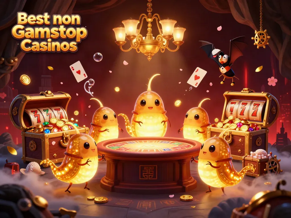Engage with the vibrant Best non Gamstop Casinos scene featuring lively glowworms and a bat dealer amidst captivating casino elements.