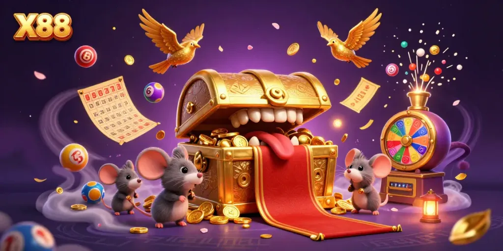 X88 players enjoy excitement with colorful lottery balls and dynamic gaming elements in a vibrant casino scene.