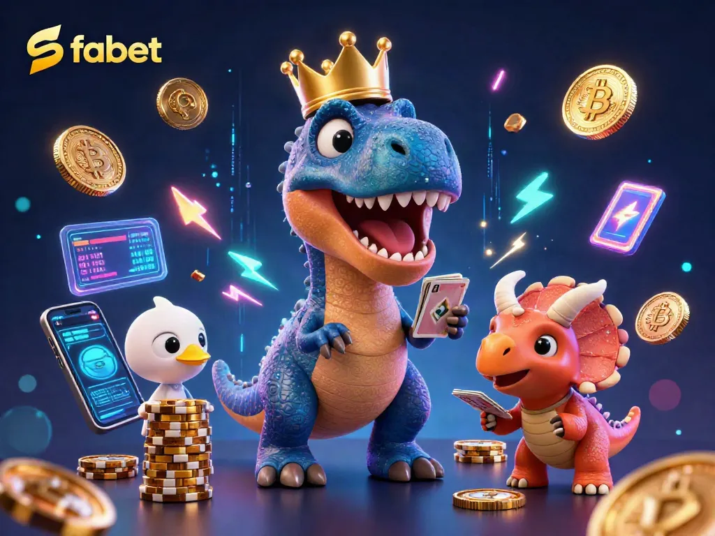 Engage players on fabet with an exciting illustration of a T-Rex and friends shuffling cards.