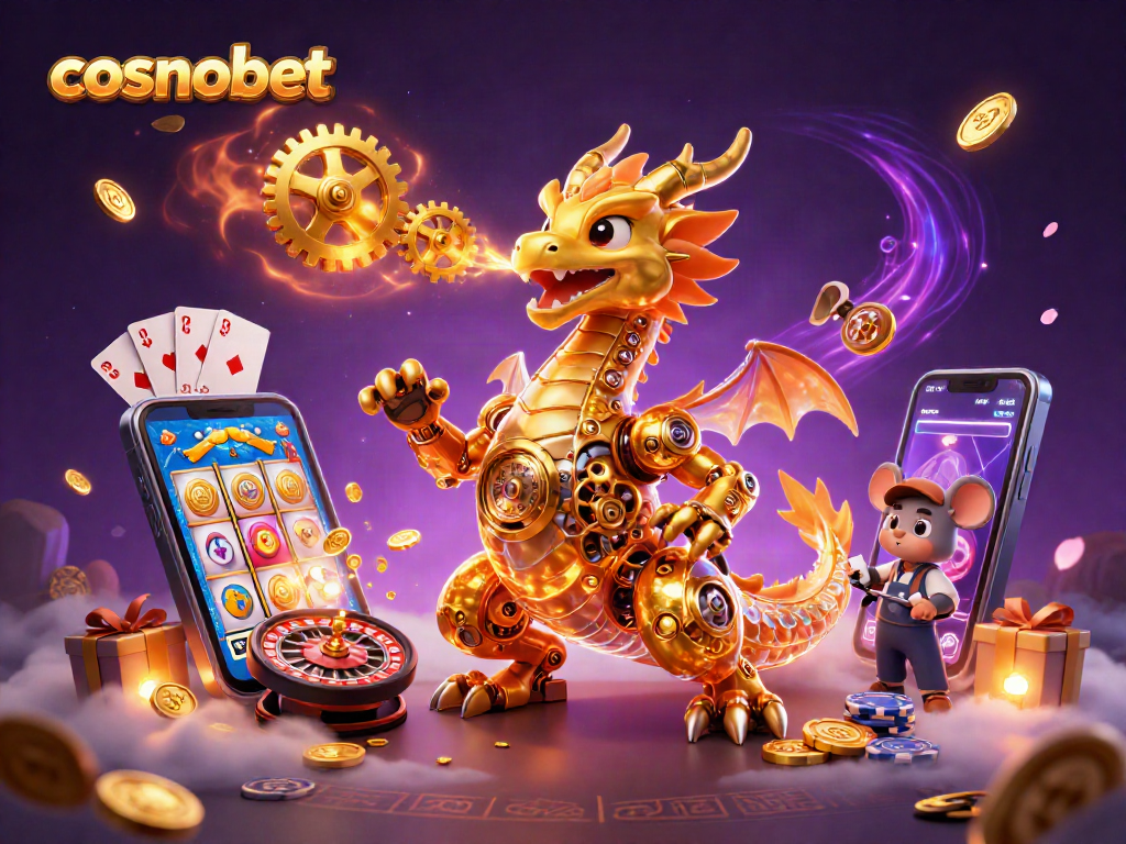 Experience cosmobet's thrilling gaming with a dragon, engineer, and vibrant casino elements.