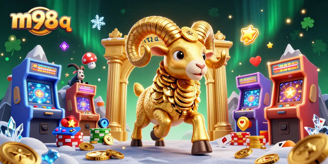 Engage with thrilling games at m98 q, featuring a massive golden ram charging through a vibrant casino landscape.