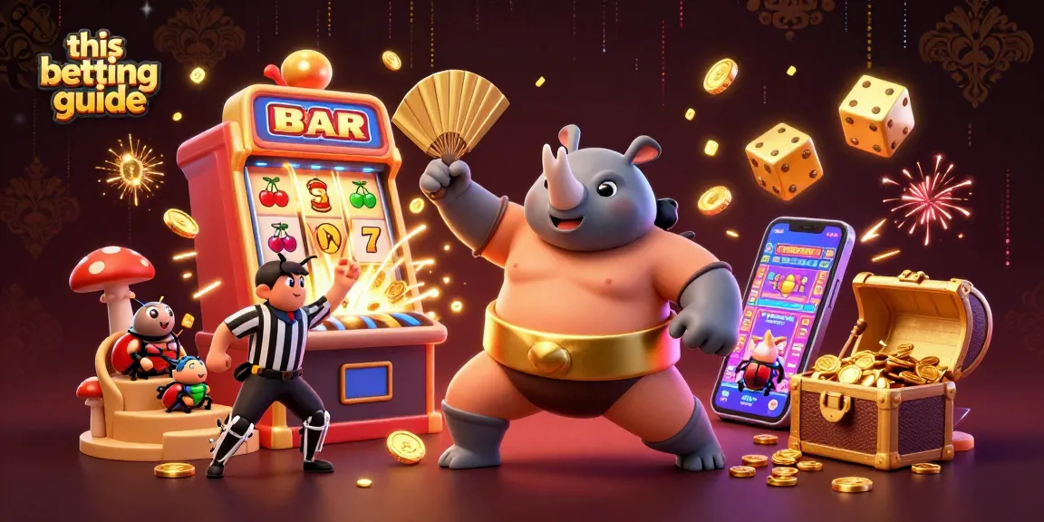 This betting guide illustrates a vibrant scene with a rhinoceros beetle champion in action at a lively casino.