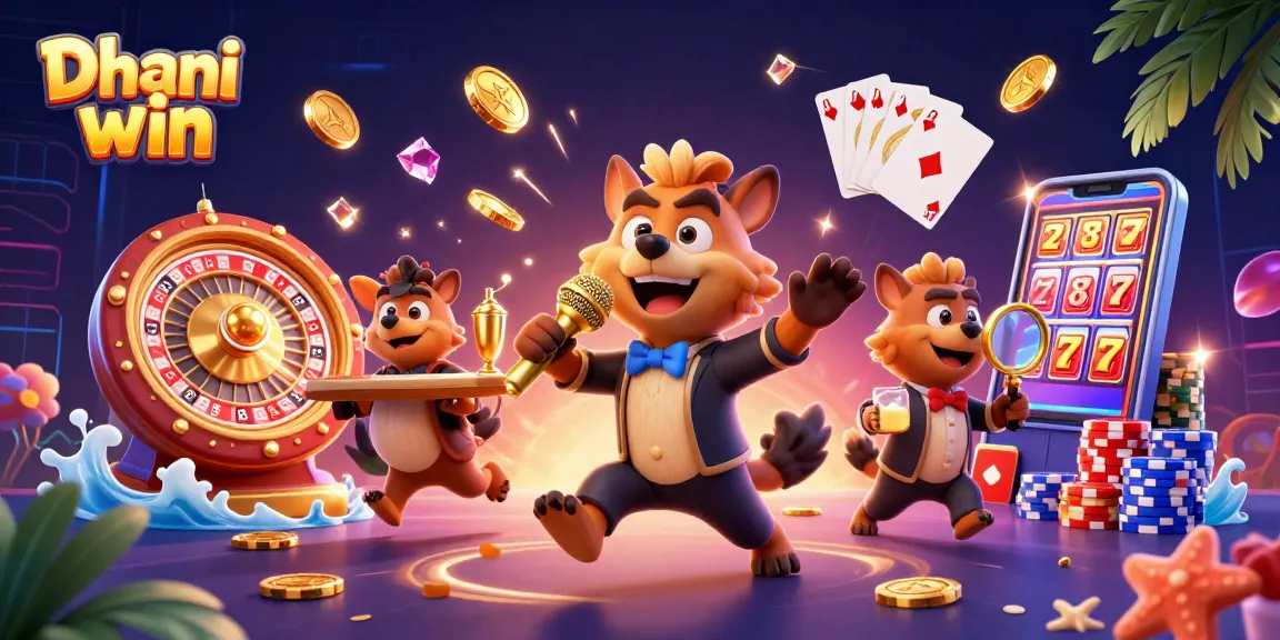 Experience excitement at Dhani win with a lively comedy casino scene featuring hyenas and dynamic game elements.