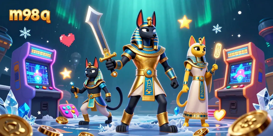 Experience the thrill of m98 q with an Egyptian warrior and vibrant casino elements in this dynamic scene.