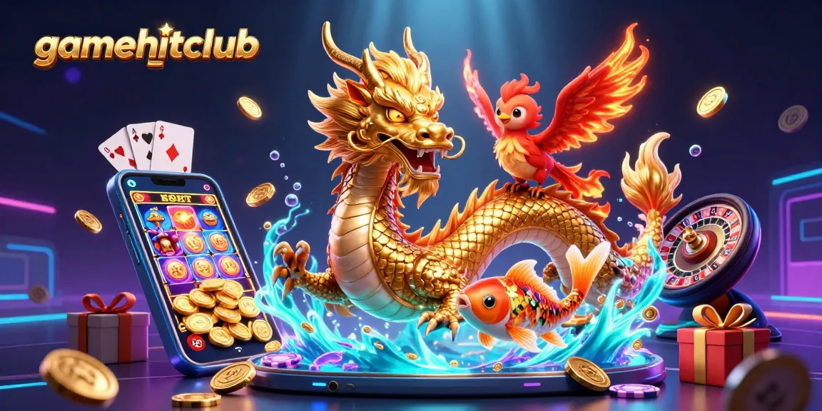 Engage in the thrilling world of gamehitclub with a vibrant illustration of a golden dragon, phoenix, and koi fish in action.