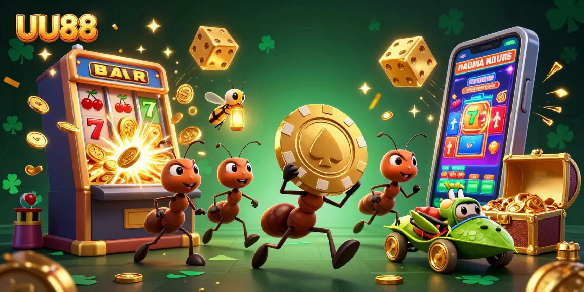 UU88 ants heisting a giant poker chip and surrounded by slot machines and casino elements.