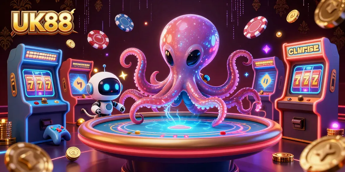 Experience exciting poker action with UK88 as an alien octopus deals cards at a holographic table.