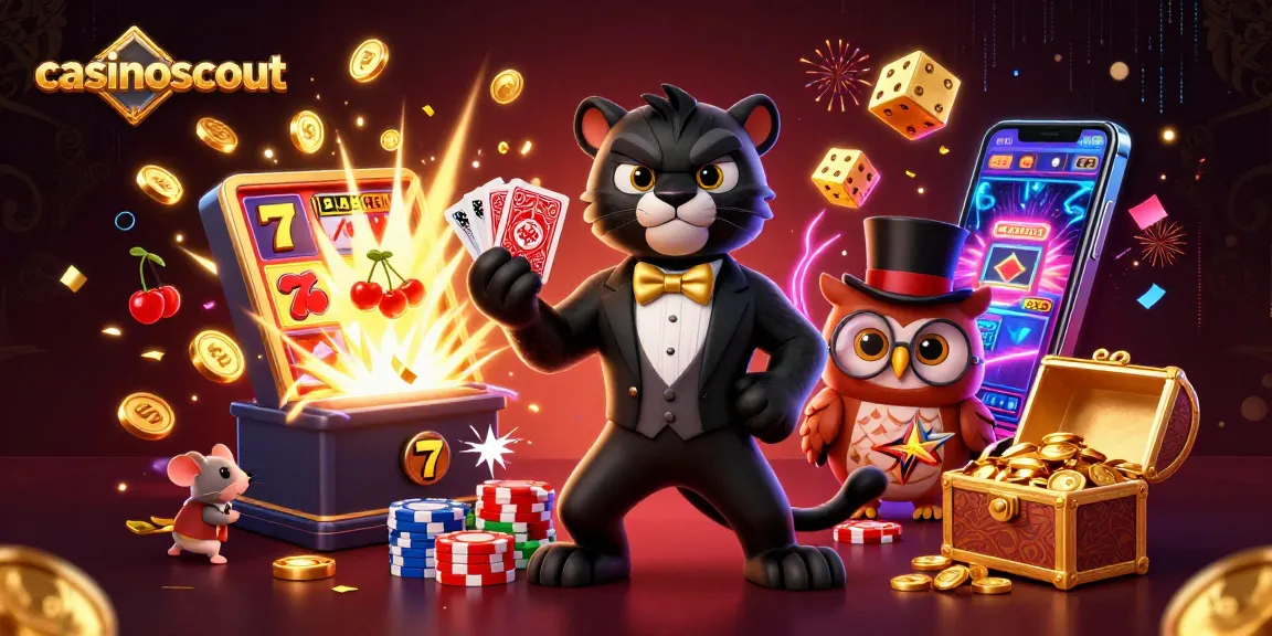 Experience dynamic casino action with casinoscout featuring a stylish black panther, owl, and lucky mouse amidst a vibrant scene.