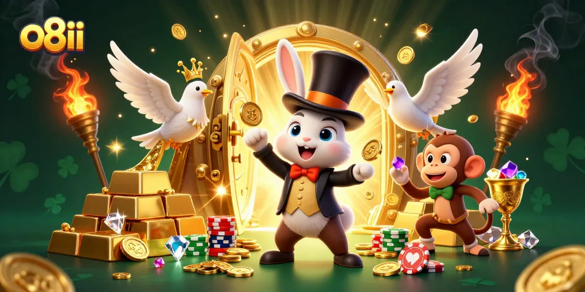 Play winning games at o8ii with a magician rabbit, sequined dove, and monkey stealing poker chips.
