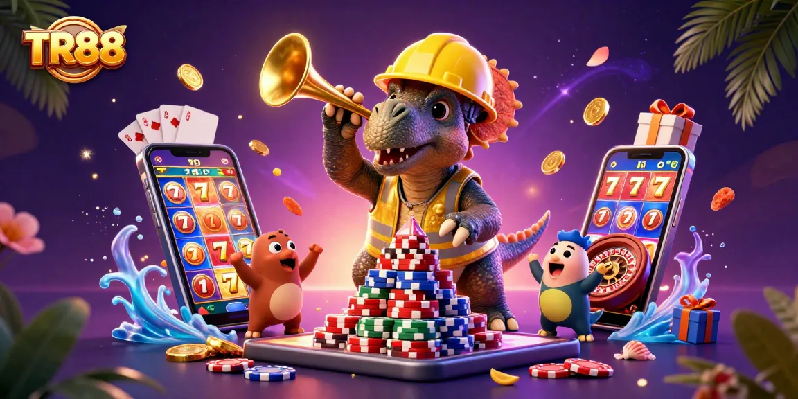 Engage with TR88's vibrant gaming world, featuring playful characters and thrilling slot game action.