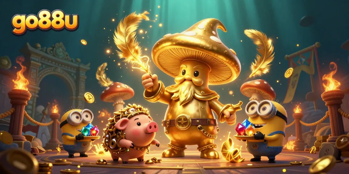 Experience the magic of go88u with a golden mushroom wizard and treasure-filled scene.