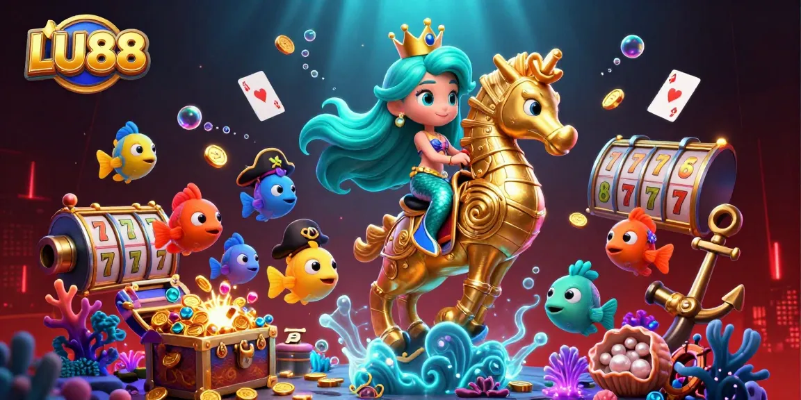 Join LU88's vibrant underwater casino scene with a mermaid princess, giant seahorse, and colorful pirate fish!