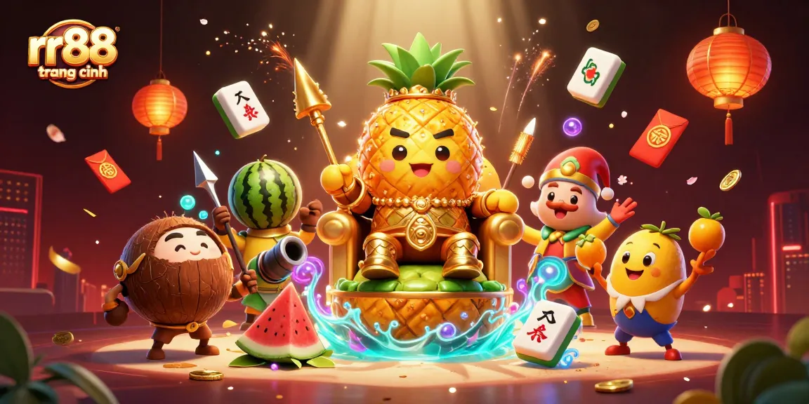 Experience vibrant gameplay at rr88 trang chính with a dazzling casino scene featuring a playful golden pineapple king.